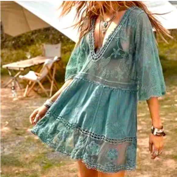 Boho womans Teal Lace coverup mini Dress size OS - Picture 1 of 4